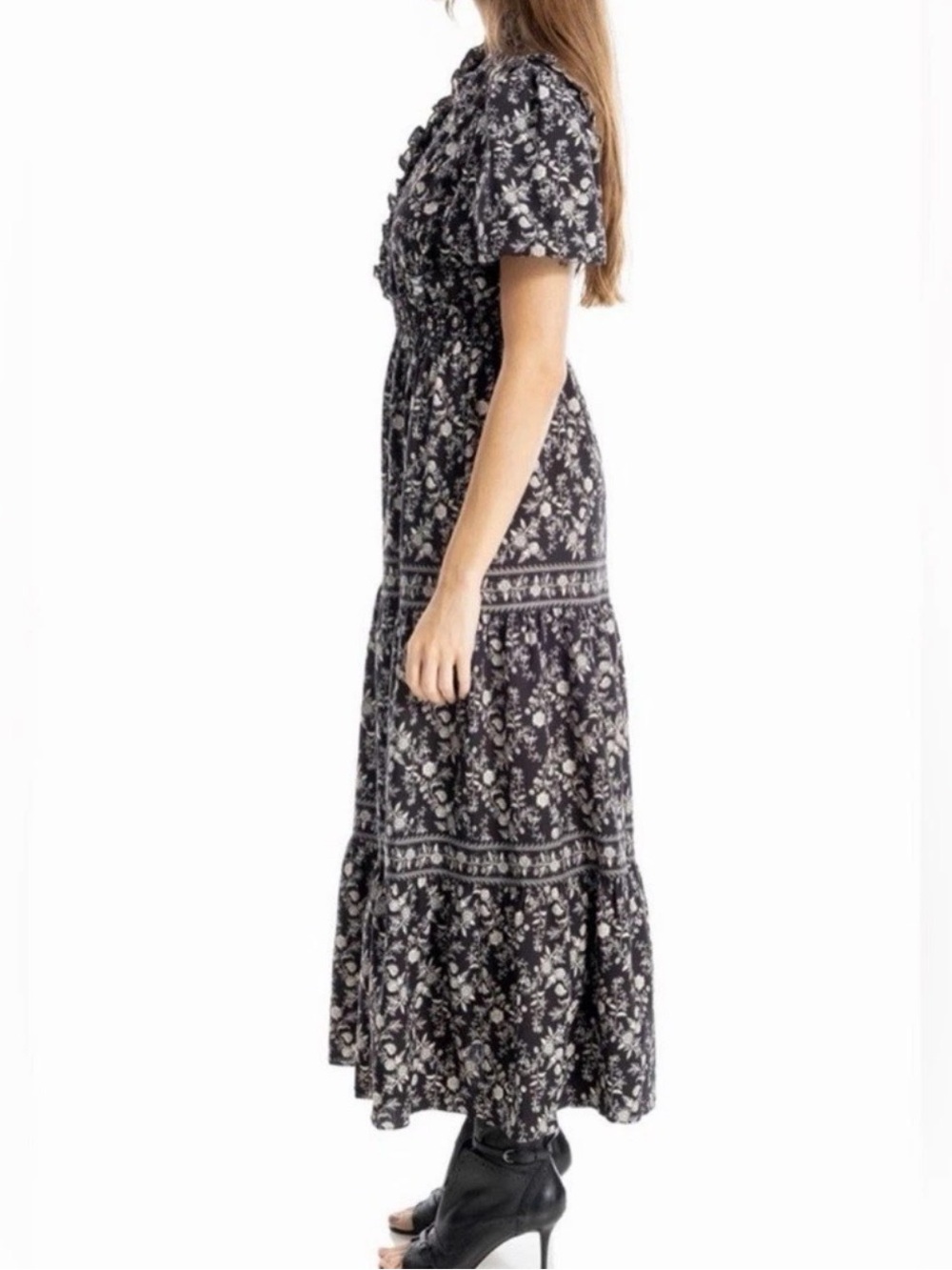 Max Studio Maxi Dress Women Black Floral Ruffle Tiered Smocked Waist- Size L - Picture 2 of 9